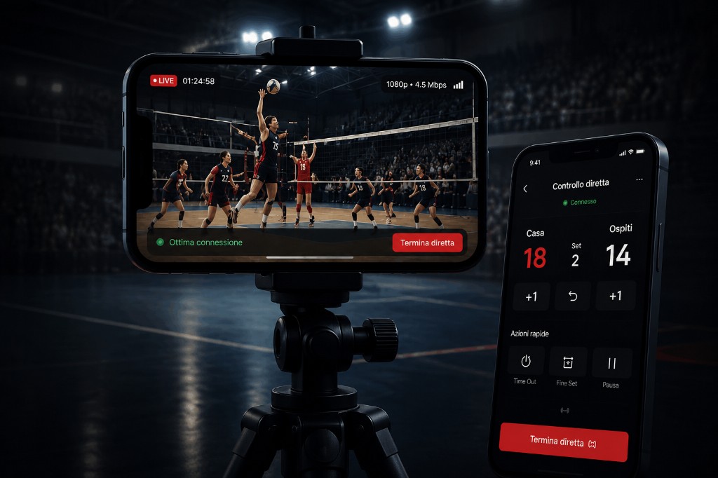 Smartphone su treppiede per la diretta e secondo telefono per il punteggio in palestra